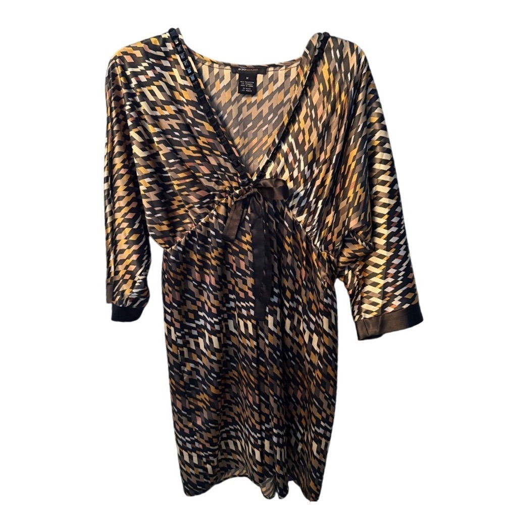 BCBGMAXAZRIA Brown Gold Geometric Print Empire Tie Waist V-Neck Mini Dress M